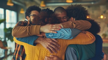 Group of mix race people, co-workers hugging each other at the work place supporting each other, 