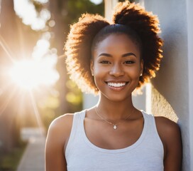 a black woman with a white tank top and a necklace smiling at the camera with the sun shining behind her,