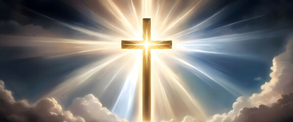 Divine Serenity: Sunlit Cross Amidst Cloudscape ,Jesus Christ cross on a sky with dramatic clouds