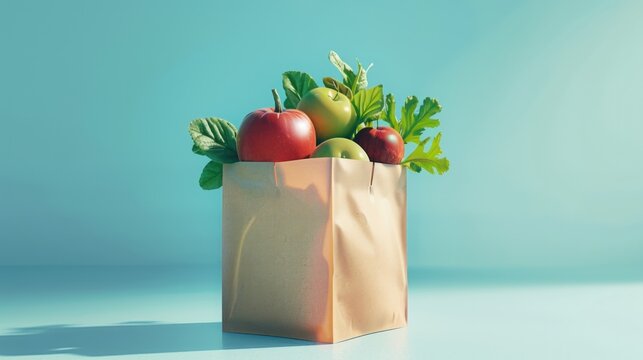 Brown paper shopping bag containing assorted fruits and vegetables, Isolated on a turquoise background.