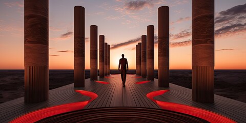standing between the tall pillars at sunset creates an impressive silhouette - obrazy, fototapety, plakaty