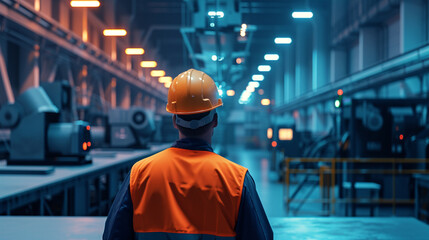An engineer wearing a hard hat, overseeing the installation of advanced machinery in a manufacturing plant, symbolizing industrial innovation and efficiency.