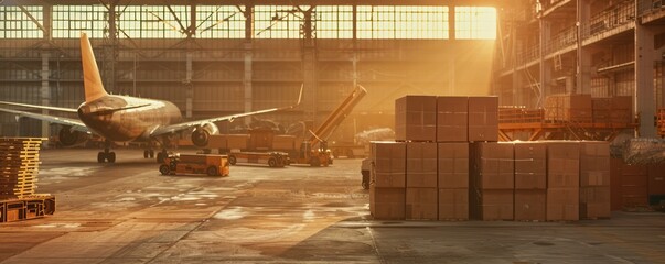Cargo plane being loaded at an outdoor air freight logistics facility, preparing for airmail shipping of packages.