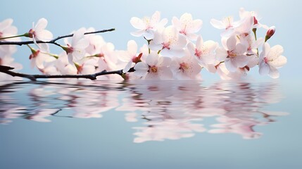 A serene 3D illustration of delicate damped blossoms gently floating on a tranquil reflective surface.
