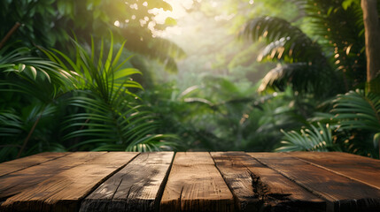 A wooden table in front of a green, leafy jungle background.