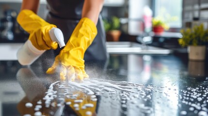 Individual in yellow gloves sprays and cleans kitchen counter, promoting cleanliness.