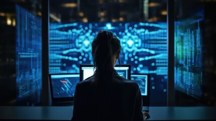 A young woman is focused on her laptop, reviewing back-end code displayed on a large digital screen as she develops a big data interface software project.