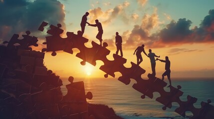 Silhouette of people connecting puzzle pieces against a sunset. Conceptual image of teamwork, collaboration, and problem-solving