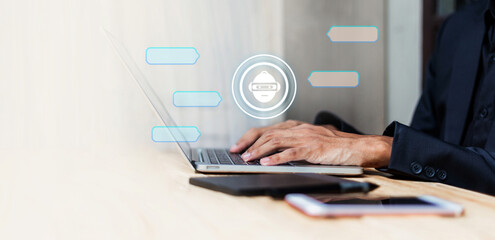 Businessman working on laptop revealing global data and email on laptop computers digital technology concept