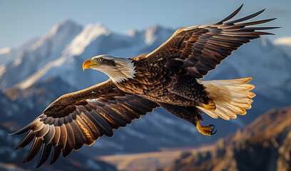 Fototapeta premium Bald eagle soaring against a backdrop of mountainous terrain.