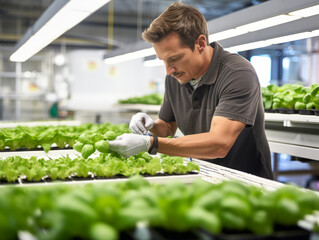 An agricultural expert attentively inspects the healthy growth of lettuce in a modern hydroponic indoor farming environment.