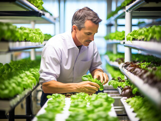 An agricultural expert attentively inspects the healthy growth of lettuce in a modern hydroponic indoor farming environment.