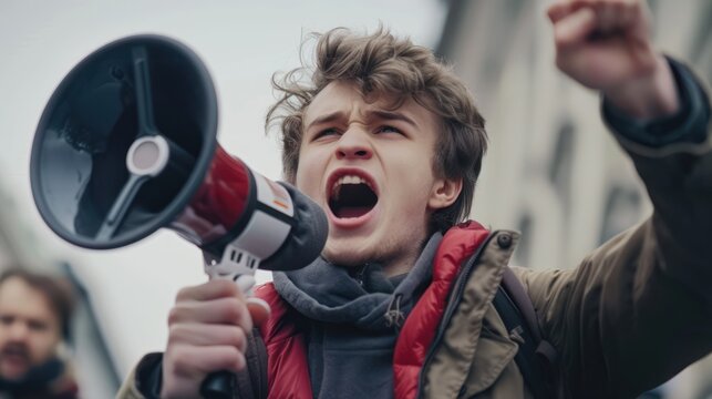 civil disobedience through the image of a young man vocally expressing his dissent via a megaphone amid a protest scene.




