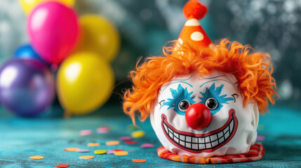 Cheerful Clown Toy with Orange Wig and Colorful Balloons Background