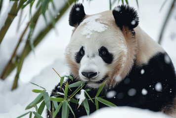 A giant panda bear peacefully eating bamboo during a gentle snowfall.