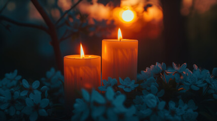 Soothing Evening Ambiance with Candles and Spring Blossoms at Sunset