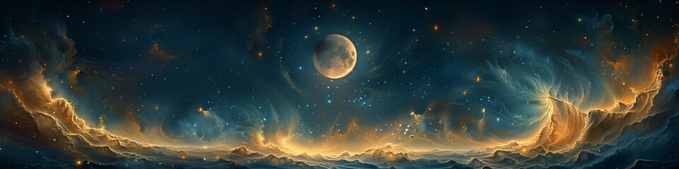 Background with star particles and moon - obrazy, fototapety, plakaty