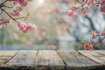 Naklejka na ściany i meble Spring Awakening: Cherry Blossoms Over Rustic Wooden Table in Sunlight