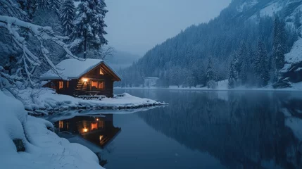 Foto op Plexiglas A sense of tranquility and beauty permeates the photo, with a small cabin situated by the frozen waters of a mountain lake, providing a cozy refuge amidst the snowy wilderness. © Yulya