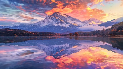 Fototapeta na wymiar Dramatic sunrise over a mountain reflected in the still waters of a serene lake.
