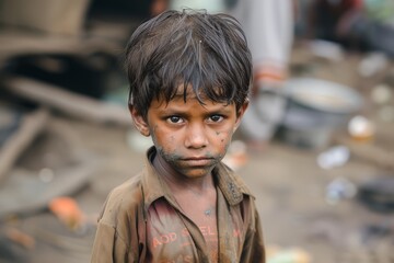 A young boy with dirt on his face looking into the camera in a slum area.