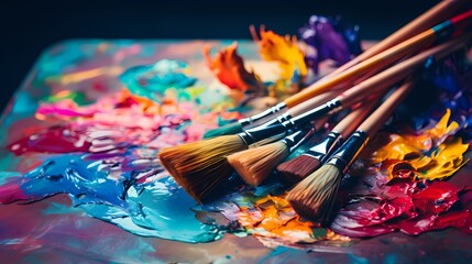 Obraz premium A set of artist paintbrushes with vibrant paints on a palette.