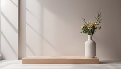 Minimalistic setting with a vase in front of a wall with shadows.