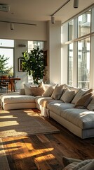 Fototapeta premium A modern living room bathed in warm sunlight with a large sofa and wooden floor.