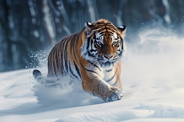 Obraz premium A majestic Siberian tiger moving through a snowy landscape with trees in the background.