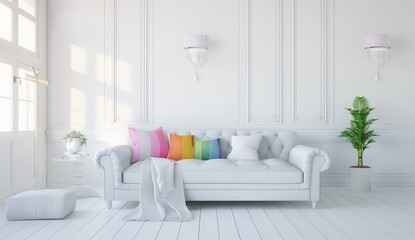 A bright living room with white sofa adorned with colorful pillows, elegant lighting, and a fresh plant.