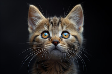 A tabby kitten lowers its head, sharp eyes focused, ready to pounce