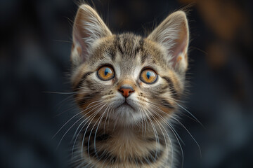 Fototapeta premium A tabby kitten lowers its head, sharp eyes focused, ready to pounce