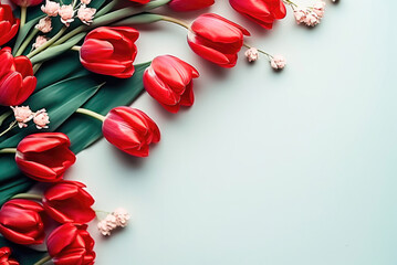 Red tulip flowers on pastel blue background. Valentine's Day, Easter, Birthday, Happy Women's Day. Flat lay, top view, copy space