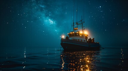 Starry Seascape: Fishing Boat Ready for Night's Catch - obrazy, fototapety, plakaty