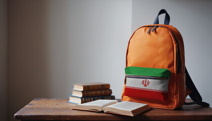 Back to school and happy time! Pile of books and backpack with Iran flag on the desk at the elementary school.