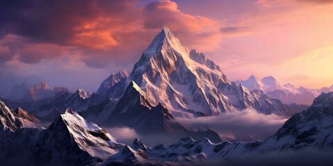 Glorious mountain peaks enveloped by purple and orange clouds in the twilight. Concept Mountain Landscapes, Twilight Photography, Colorful Skies, Outdoor Adventures