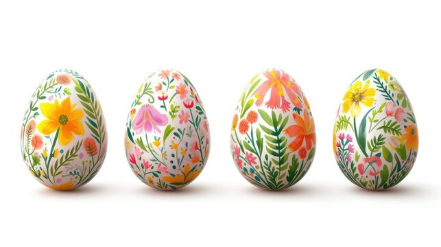 Delicately painted Easter eggs stand out against a clean white background, showcasing intricate patterns and vibrant colors.