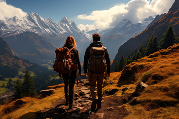 Fototapeta na wymiar Man and a woman hiking in the mountains in autumn