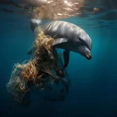 Foto op Canvas Een dolfijn gevangen in een plastic zak in de oceaan, milieubescherming, generatieve ai © Arshad