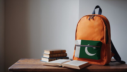 Back to school and happy time! Pile of books and backpack with Pakistan flag on the desk at the elementary school.