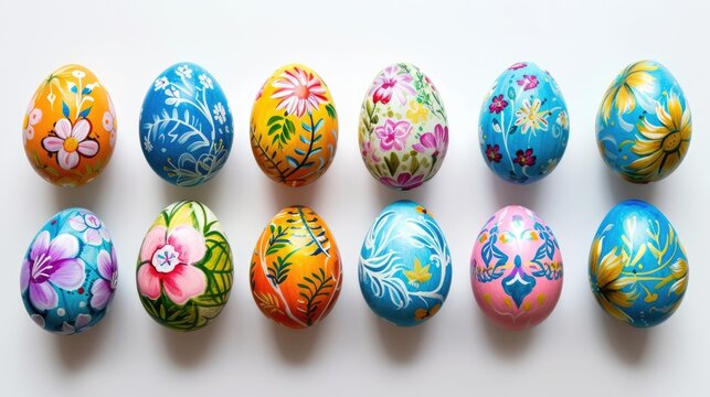 Intricately painted Easter eggs on a white backdrop capture the essence of springtime and joyful celebration.