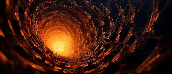 Hellish claustrophobic underground cave tunnel hole with jagged rock walls leading to a glowing orange pit of fire. - obrazy, fototapety, plakaty