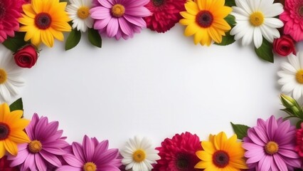 Frame colorful flowers on a white background with copy space