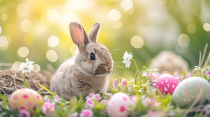 Fototapeta na wymiar пасхальная открытка , кролик , яйцо расписное , трава корзина