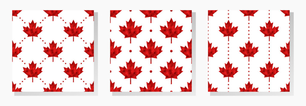 Canadian vector seamless patterns collection. Red low poly maple leaves and dots on white background.