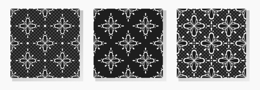 White lace on black background. Vector seamless patterns collection. Best for textile, print, wrapping paper, package and home decoration.