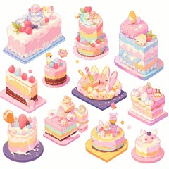 Illustration cute piece of cake set and dessert pastel color Created with Generative AI technology.