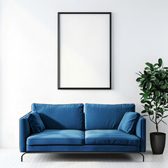 Modern Room Mockup: Blank Frame Inspiration Next to a Chic Blue Sofa - Personalize Your Style