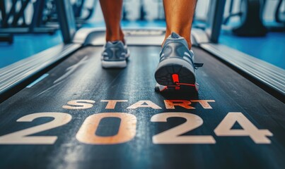 Detail on man feet running in a gym on a treadmill, Happy new year 2024. - obrazy, fototapety, plakaty