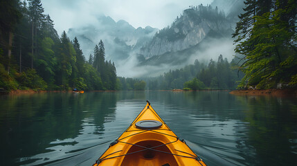 POV kayaking on an idyllic mountain lake with beautiful view AI Image Generative. - obrazy, fototapety, plakaty